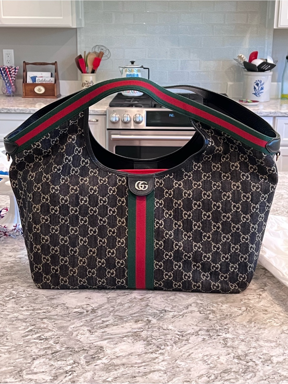 Gucci Black GG Canvas Tote with Red & Green Stripe
